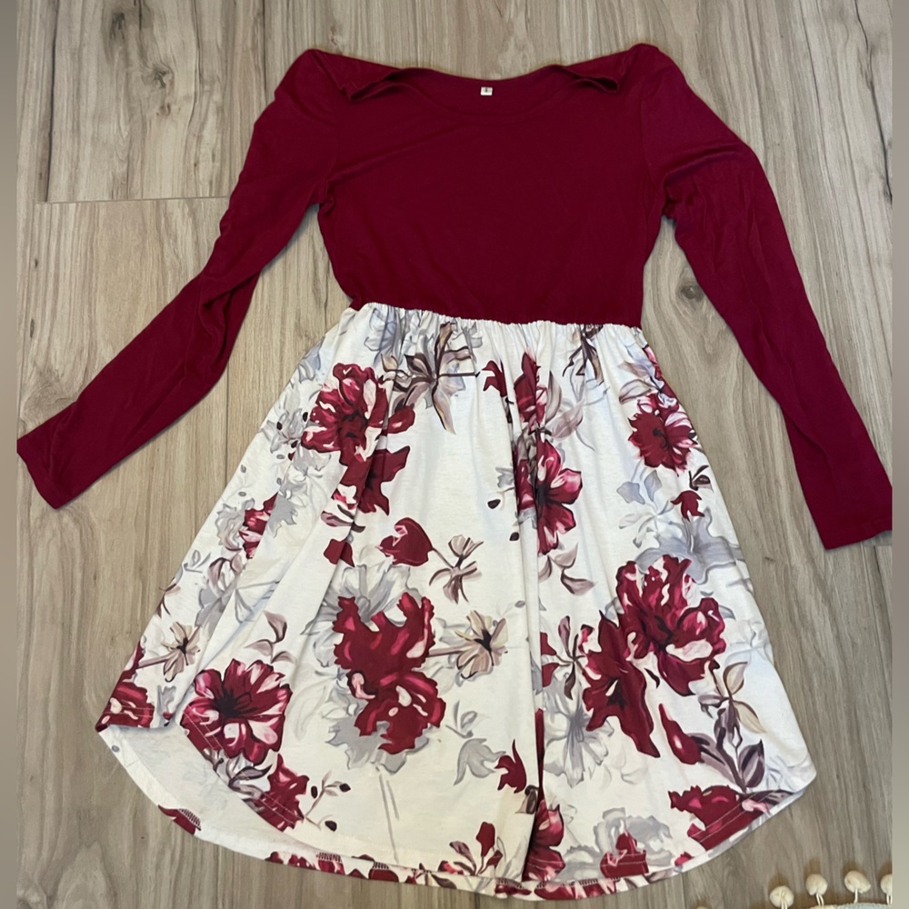Red and White Floral Dress with Pockets